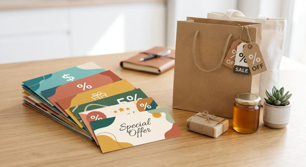 discount coupons, promotional cards, and sale tags