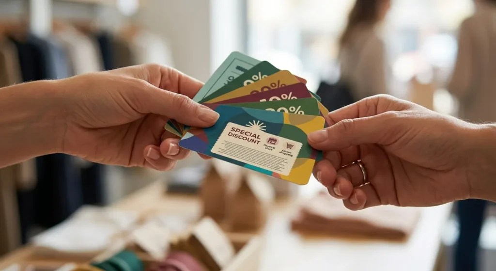 two people's hands exchanging a coupon card between them two people's hands exchanging a coupon card between them